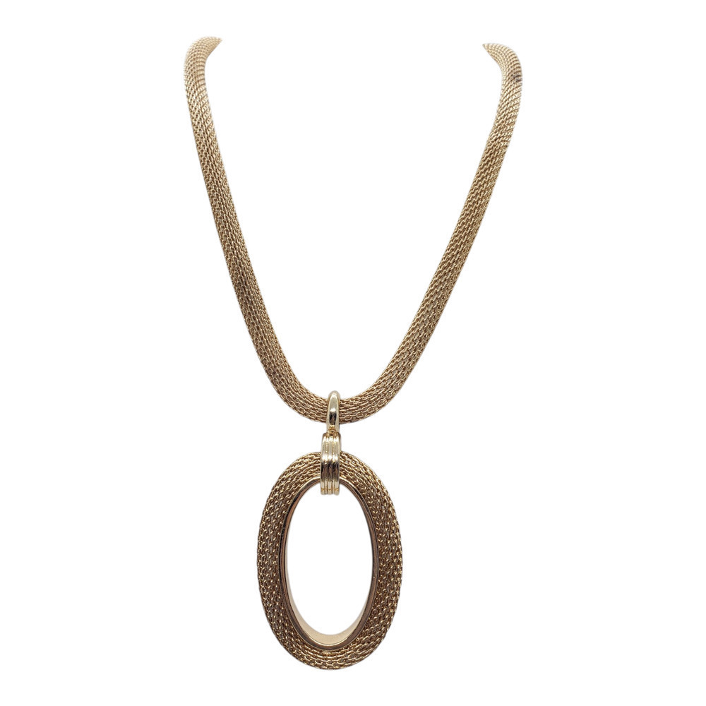 Vintage Gold Tone Mesh Hollow Chain Necklace & Oval Pendant Long Dangle